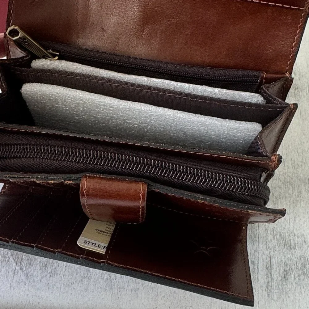 PATRICIA NASH Cametti floral leather RFID trifold wallet Prairie Rose Tan Red